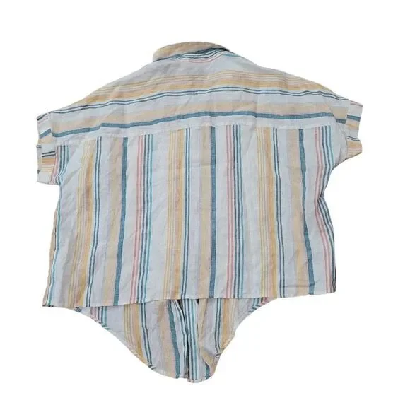 Madewell Pineapple Stripe Linen Short Sleeve Button Up Tie Front Top Size L - Picture 3 of 6